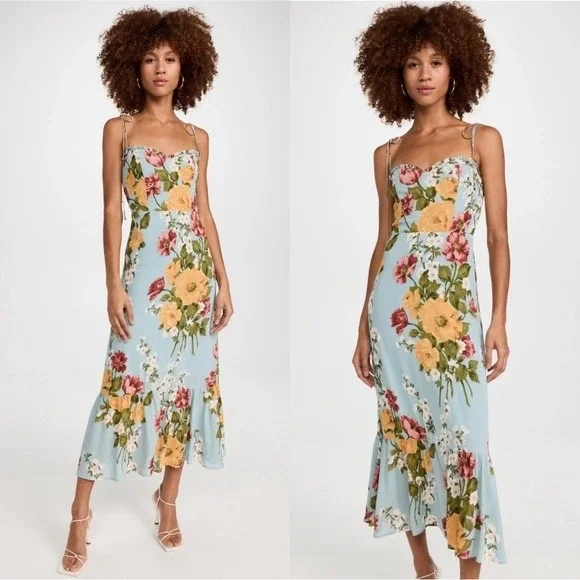 Reformation Enya Midi Dress Light Blue Floral Ruffle Hem Tie Strap Size 12 - Picture 3 of 12